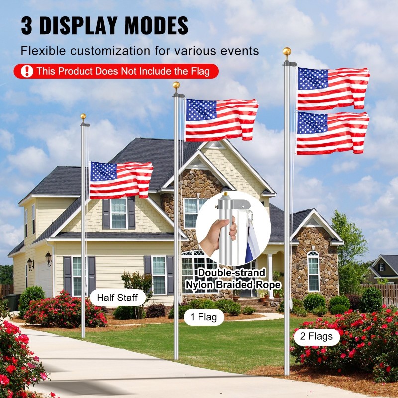 Lipputankosarja alumiininen irrotettava paksuseinäinen 6,09 m ulkokäyttöön hopea ammattitarvikkeilla kolme esitystapaa