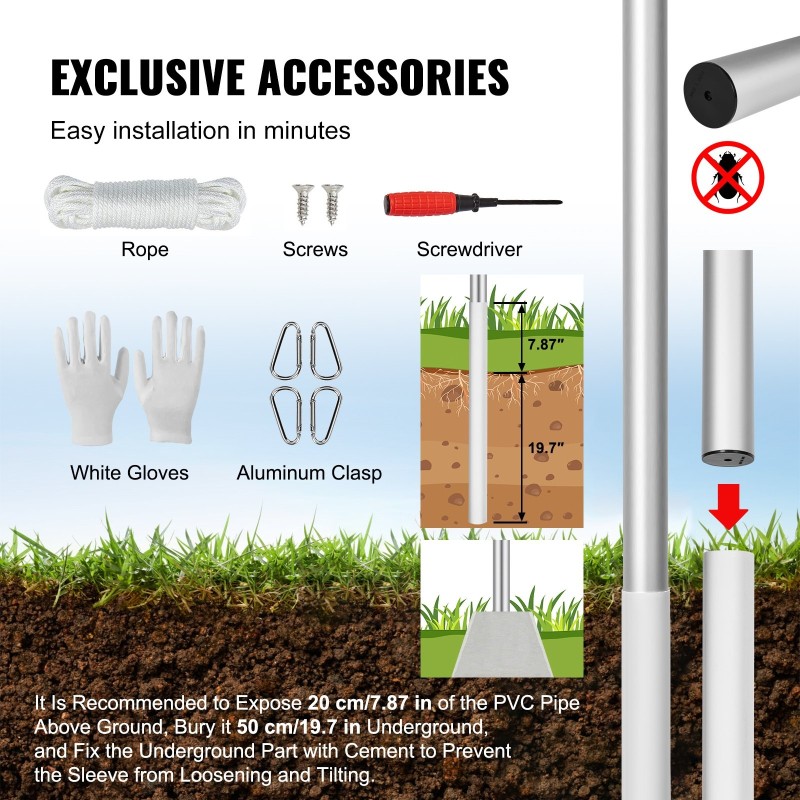 Lipputankosarja alumiininen irrotettava paksuseinäinen 6,09 m ulkokäyttöön hopea ammattitarvikkeilla kolme esitystapaa