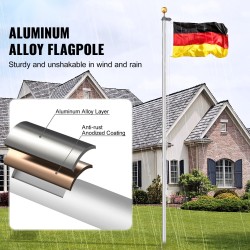 Alumiininen lippusalkosarja 7,55 m ulkokäyttöön kolme näyttötilaa hopea Saksan lippu