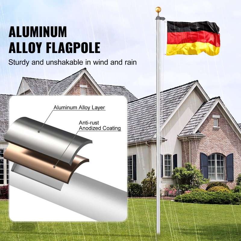 Alumiininen lippusalkosarja 7,55 m ulkokäyttöön kolme näyttötilaa hopea Saksan lippu