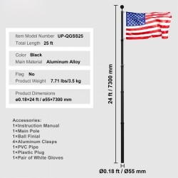 Teleskooppinen alumiiniseoslippusarja 7,3 m musta kierre-lukitus maahan asennettava