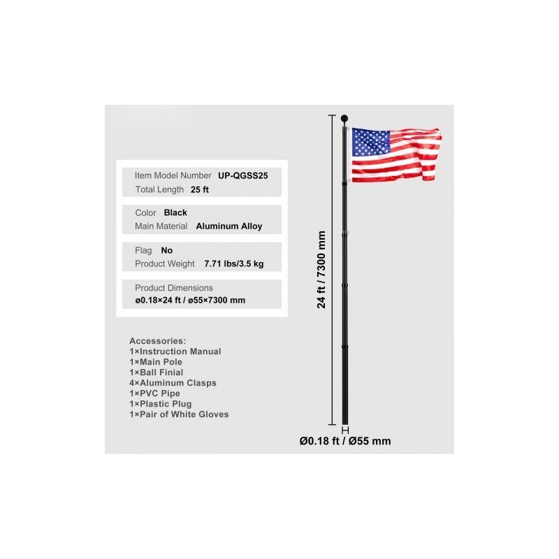 Teleskooppinen alumiiniseoslippusarja 7,3 m musta kierre-lukitus maahan asennettava