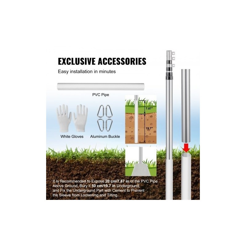 Lippusalkosarja alumiiniseoksinen 6,09 metriä teleskooppinen maahan asennettava hopea kierrettävä lukitus