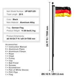 Irrotettava alumiiniseos lipputankosarja 7,55 m 51,6 mm musta yhden tai kahden lipun
