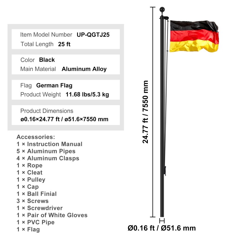 Irrotettava alumiiniseos lipputankosarja 7,55 m 51,6 mm musta yhden tai kahden lipun