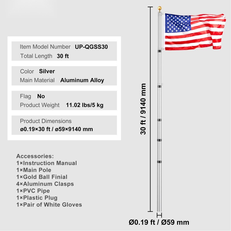Teleskooppinen alumiiniseos lipputankosarja 9,14 metriä hopea ulkokäyttöön