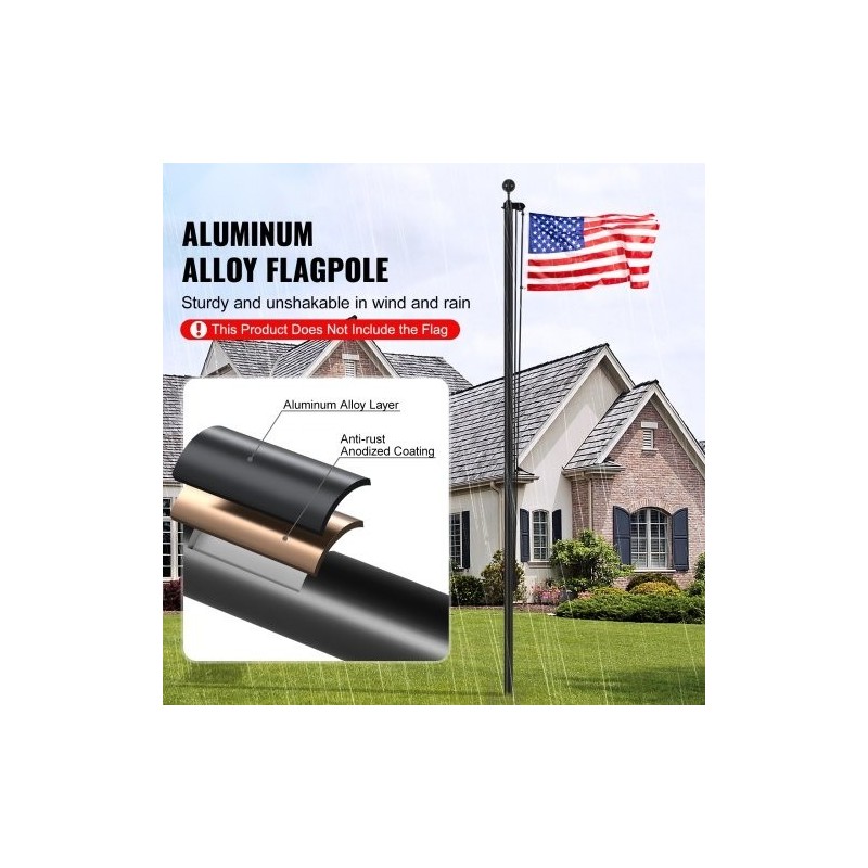 Alumiininen irrotettava 9,14 metrin musta lipputankosarja taljajärjestelmällä ulkokäyttöön