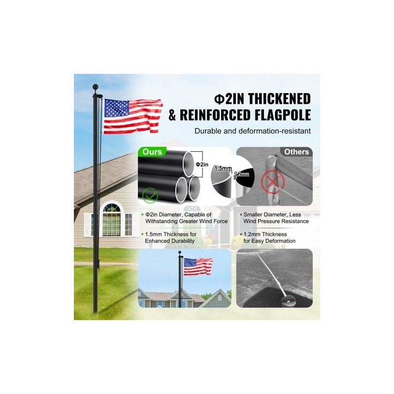 Alumiininen irrotettava 9,14 metrin musta lipputankosarja taljajärjestelmällä ulkokäyttöön