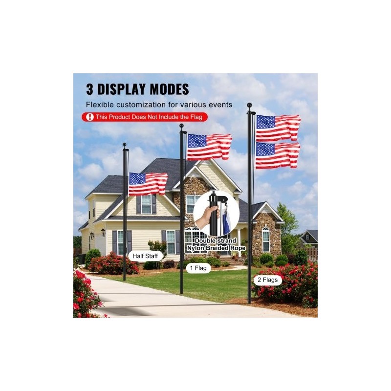 Alumiininen irrotettava 9,14 metrin musta lipputankosarja taljajärjestelmällä ulkokäyttöön