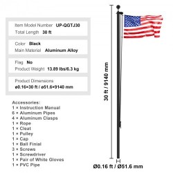 Alumiininen irrotettava 9,14 metrin musta lipputankosarja taljajärjestelmällä ulkokäyttöön