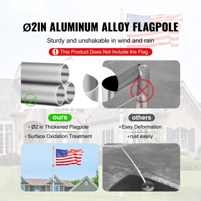 Lipputanko alumiiniseos teleskooppinen 7,3 m maahan upotettava kaksilippukiinnikkeillä kierteellisellä lukituksella