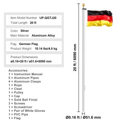 Lippusalkosarja alumiiniseos 6,09 metriä irrotettava maahanasennettava hopea Saksan lippu