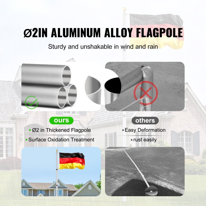 Teleskooppinen lipputankosarja alumiiniseos 30 jalan ulkokäyttöön hopea yhdelle tai kahdelle lipulle