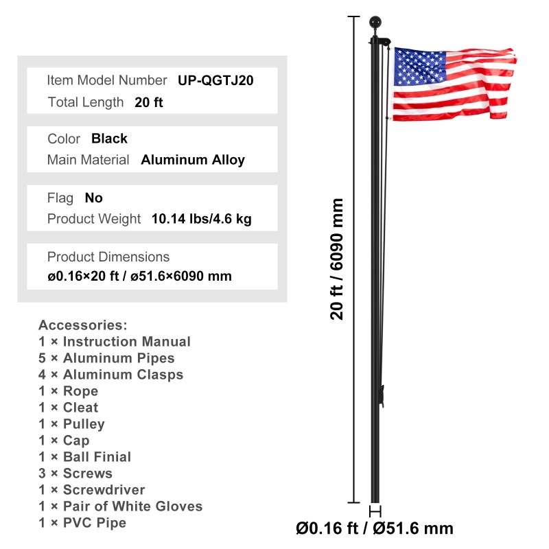 Lippusalko irrotettava alumiiniseos 6,09 m halkaisija 51,6 mm musta ulkokäyttöön