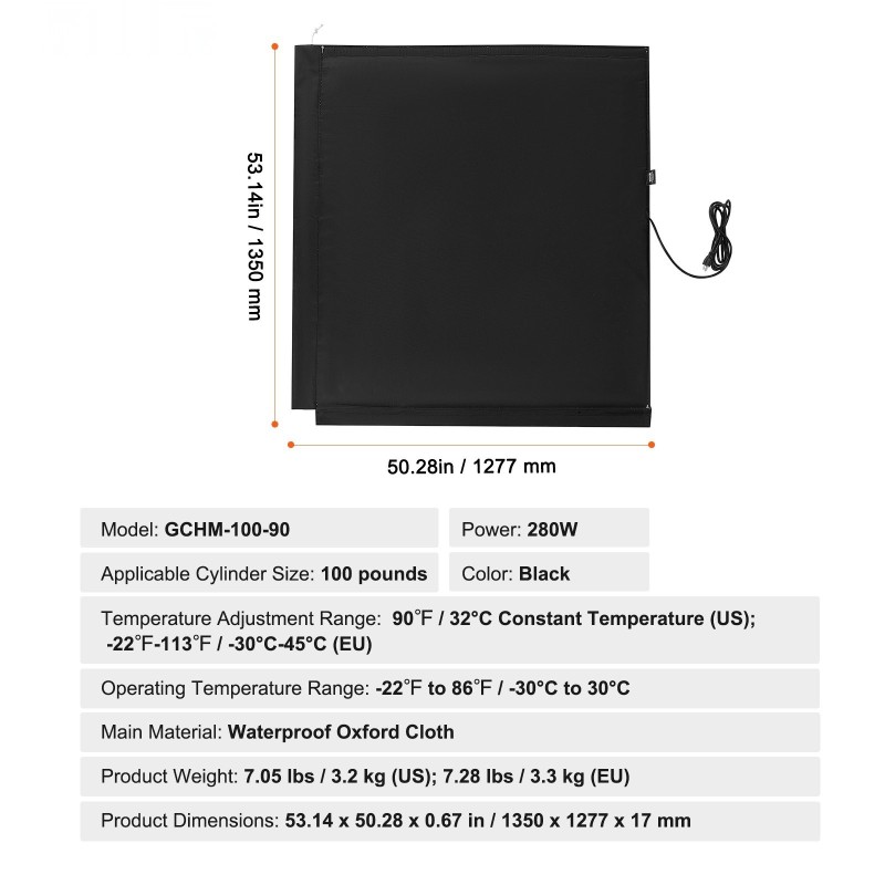 Kaasupullon lämmitin sopii 100 paunan sylintereille 280 W vedenpitävä Oxfordin kangas