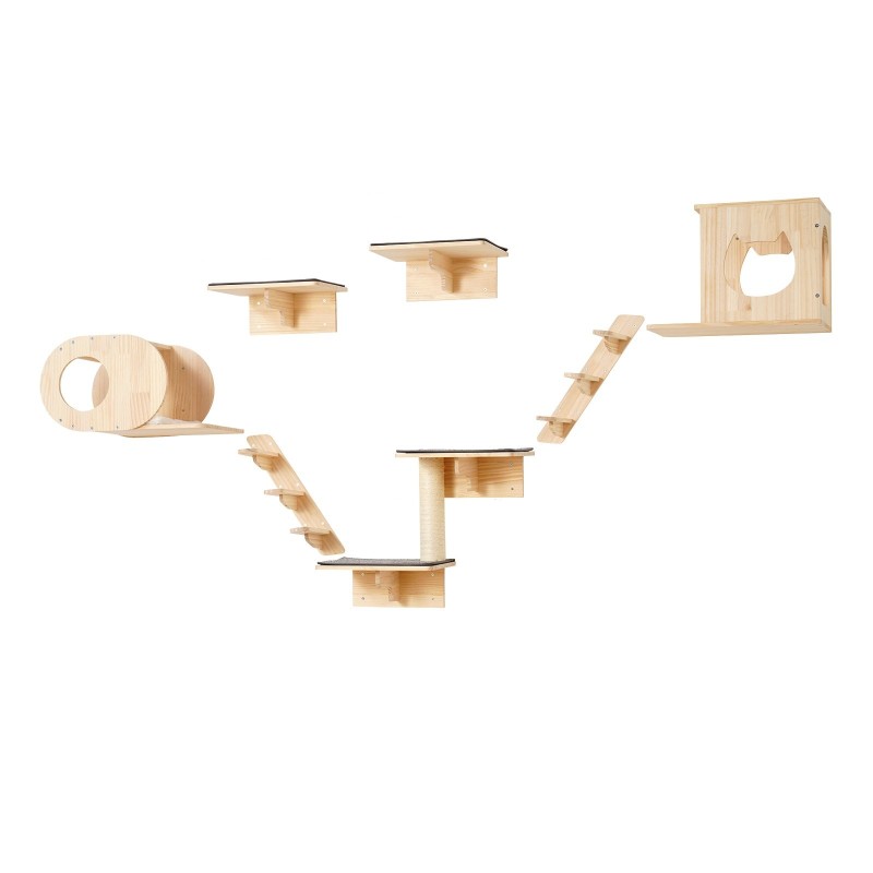 Seinäkiinnitteinen 7-osainen kissojen hyllysetti 12 mm mäntypuuta 18 kg kantavuus