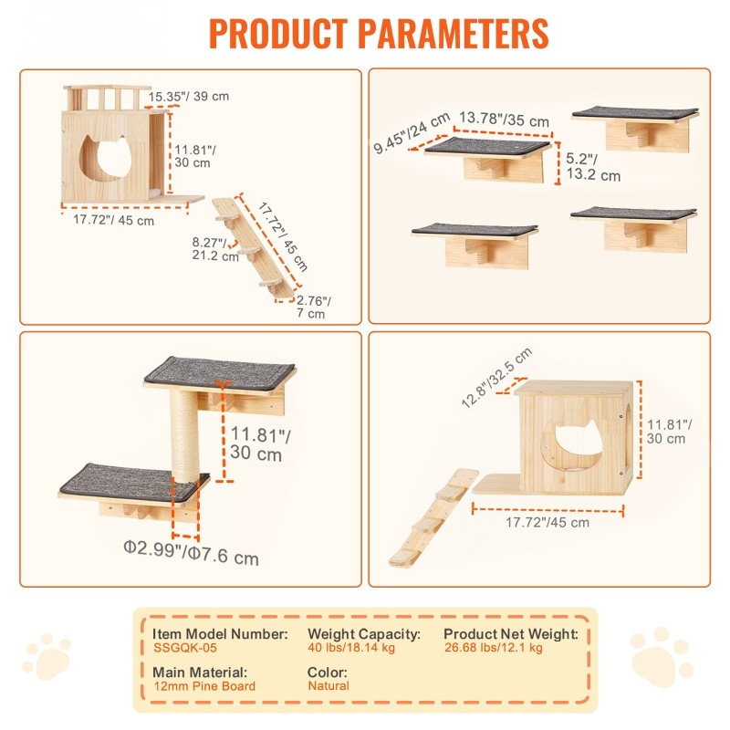Seinälle asennettava 9-osainen kissahyllysetti 12 mm mäntypuusta kantavuus 18 kg