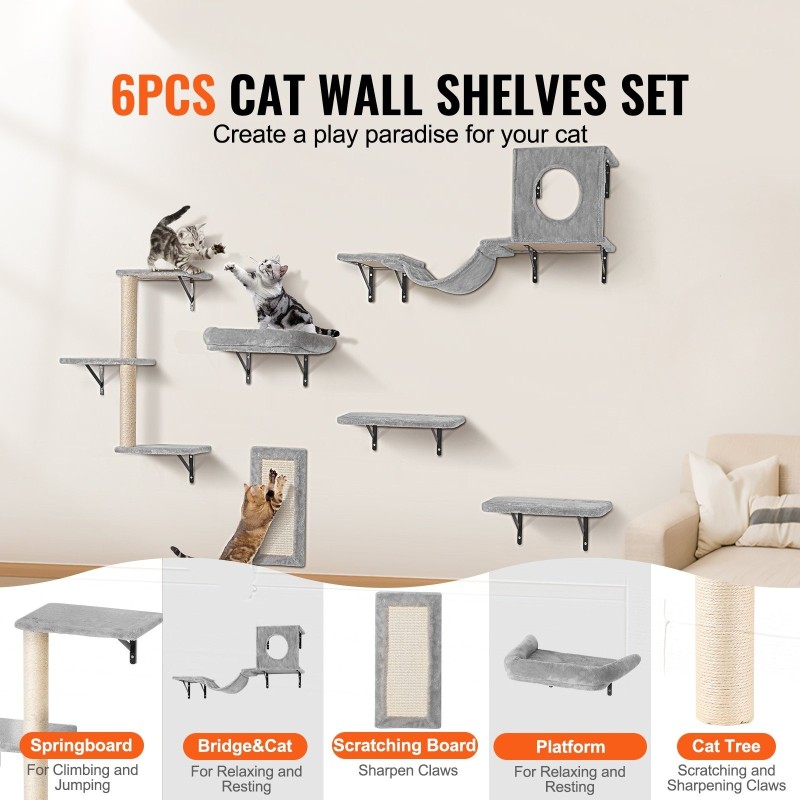 Seinäkiinnitteinen kuusiosainen kissanhyllysetti lastulevyllä ja metallirungolla kiipeilyyn ja nukkumiseen