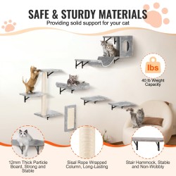 Seinäkiinnitteinen kuusiosainen kissanhyllysetti lastulevyllä ja metallirungolla kiipeilyyn ja nukkumiseen