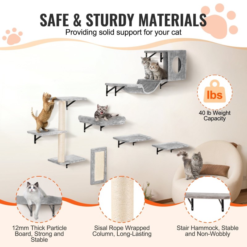 Seinäkiinnitteinen kuusiosainen kissanhyllysetti lastulevyllä ja metallirungolla kiipeilyyn ja nukkumiseen