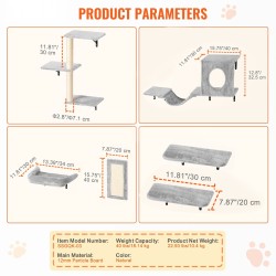 Seinäkiinnitteinen kuusiosainen kissanhyllysetti lastulevyllä ja metallirungolla kiipeilyyn ja nukkumiseen
