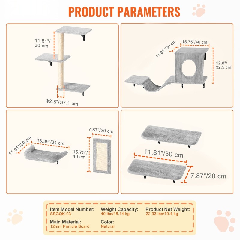 Seinäkiinnitteinen kuusiosainen kissanhyllysetti lastulevyllä ja metallirungolla kiipeilyyn ja nukkumiseen