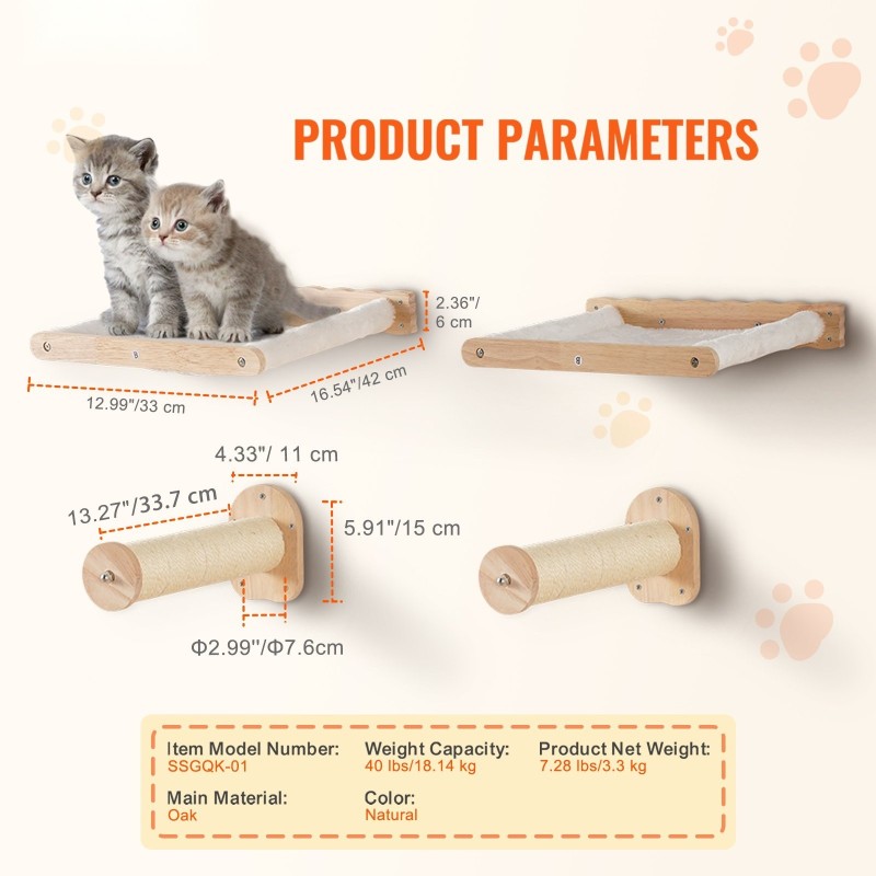 Seinäkiinnitteinen tamminen kissahyllysetti 4 osaa 2 tolppaa 2 riippumattoa pestävät korallifleece-päälliset