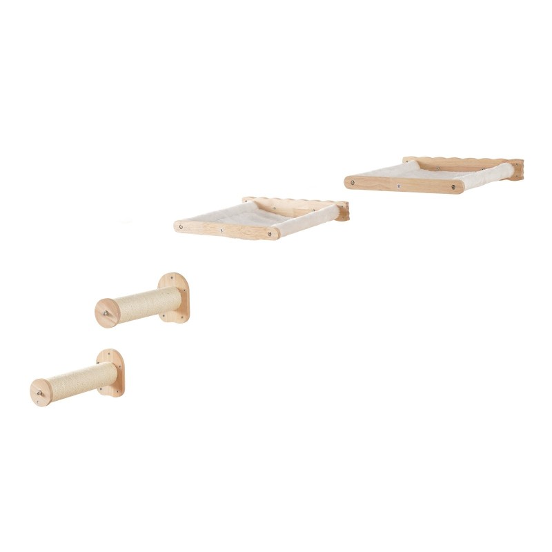 Seinäkiinnitteinen tamminen kissahyllysetti 4 osaa 2 tolppaa 2 riippumattoa pestävät korallifleece-päälliset