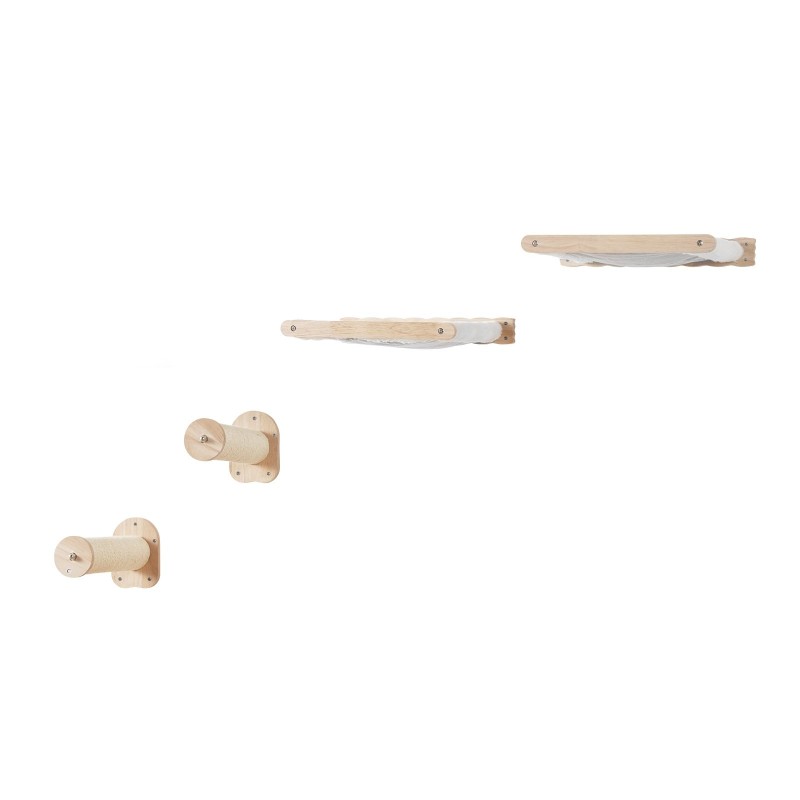 Seinäkiinnitteinen tamminen kissahyllysetti 4 osaa 2 tolppaa 2 riippumattoa pestävät korallifleece-päälliset