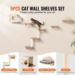 Seinälle asennettava 5-osainen kissahyllysetti 12 mm mäntypuuta kantavuus 18 kg