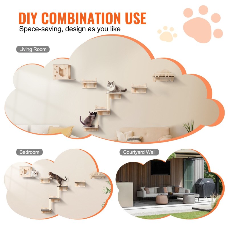 Seinälle asennettava 5-osainen kissahyllysetti 12 mm mäntypuuta kantavuus 18 kg