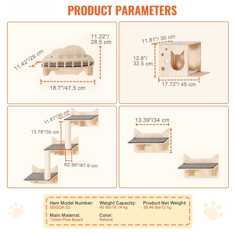 Seinälle asennettava 5-osainen kissahyllysetti 12 mm mäntypuuta kantavuus 18 kg