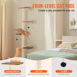 Seinään asennettava pehmustettu kissahylly neljä tasoa neljä pylvästä mäntypuuta