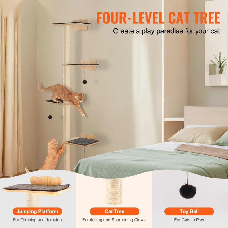 Seinään asennettava pehmustettu kissahylly neljä tasoa neljä pylvästä mäntypuuta