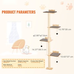 Seinään asennettava pehmustettu kissahylly neljä tasoa neljä pylvästä mäntypuuta