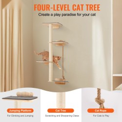 Seinäkiinnitteinen kissapuu 12 mm mäntypuu 4 hyppytasoa 3 pylvästä 1 köysi