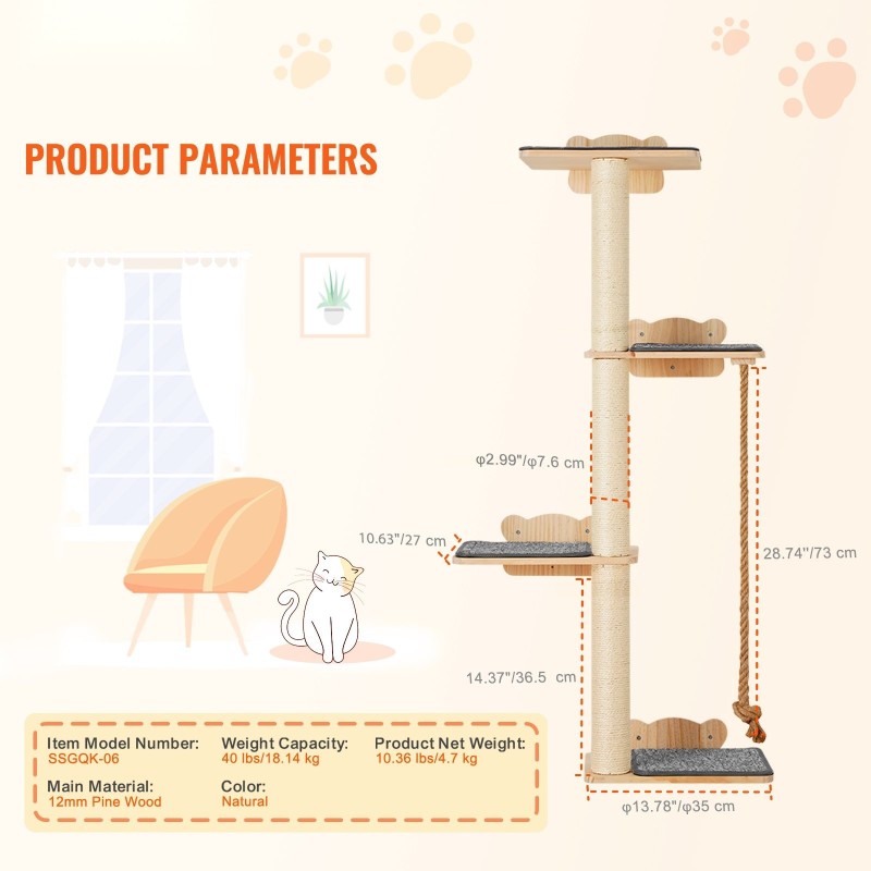 Seinäkiinnitteinen kissapuu 12 mm mäntypuu 4 hyppytasoa 3 pylvästä 1 köysi