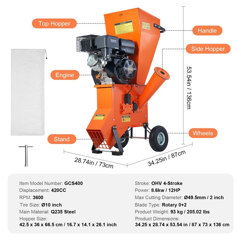 Bensiinikäyttöinen puuhake- ja silppurilaite teräsrunko 420cc 8,6 kW leikkuuhalkaisija 49,5 mm