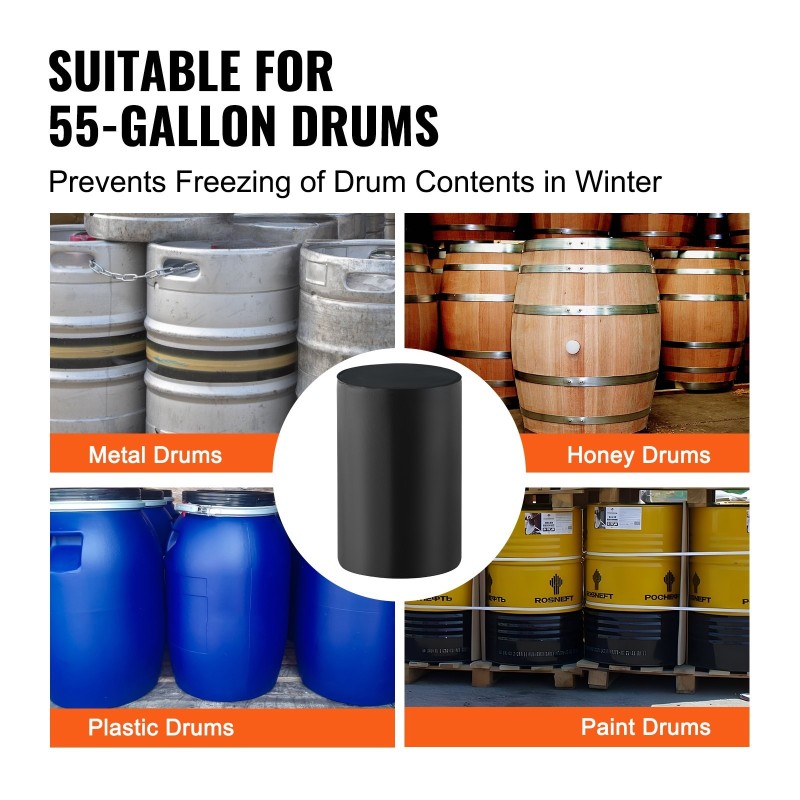 Tynnyrilämmitin vesitiivisestä Oxford-kankaasta 208,2 l metallitynnyrille 1300 W säädettävällä termostaatilla