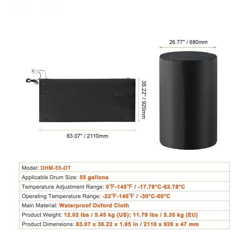 Tynnyrilämmitin vesitiivisestä Oxford-kankaasta 208,2 l metallitynnyrille 1300 W säädettävällä termostaatilla