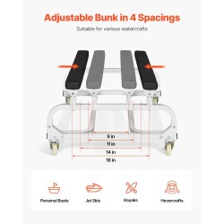 Vesikulkuneuvon siirtovaunu hiiliteräsrunko 590 kg kantavuus säädettävät tukipukit 4 pyörää 2 jarrua