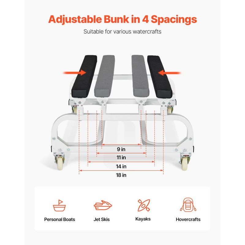 Vesikulkuneuvon siirtovaunu hiiliteräsrunko 590 kg kantavuus säädettävät tukipukit 4 pyörää 2 jarrua