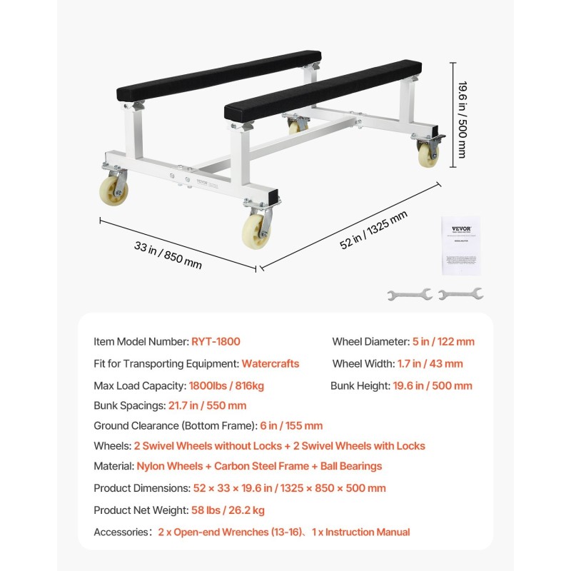 Vesikulkuneuvojen siirtovaunu hiiliteräsrunko 816 kg kantavuus 4 pyörää joista 2 jarrullista