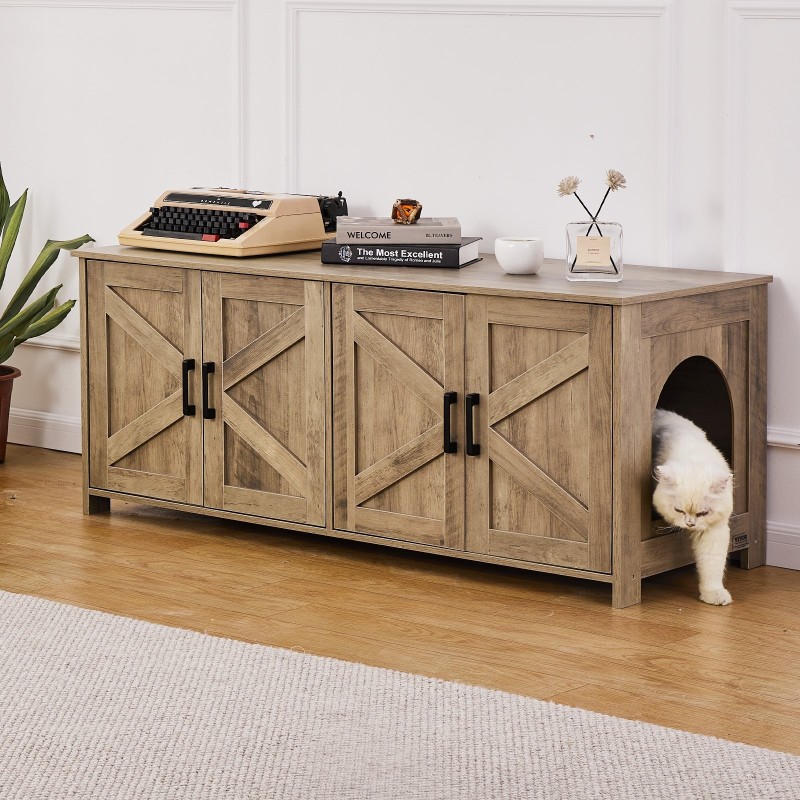 Kissan hiekkalaatikkokaappi 12 mm lastulevy kaksoishuoneilla kahdelle kissalle harmaabeige