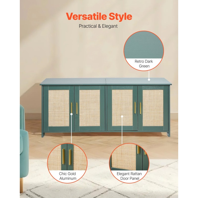 Kissan hiekkalaatikon kaappi P2-luokan lastulevy 120 cm useammalle kissalle neljä rottinkiovea