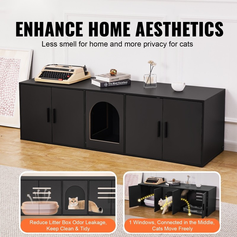 Kissanhiekkalaatikon kaappi lastulevy 147 cm musta kahdelle kissalle sisäkäyttöön