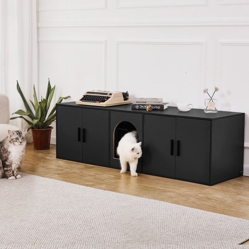 Kissanhiekkalaatikon kaappi lastulevy 147 cm musta kahdelle kissalle sisäkäyttöön