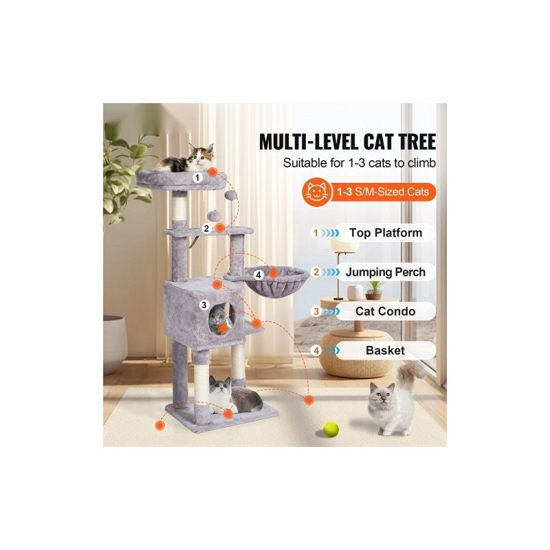 Kissan kiipeilypuu 114,8 senttimetriä 5 tasoa sisal-raapimapylväät riippukori piilopesä vaaleanharmaa
