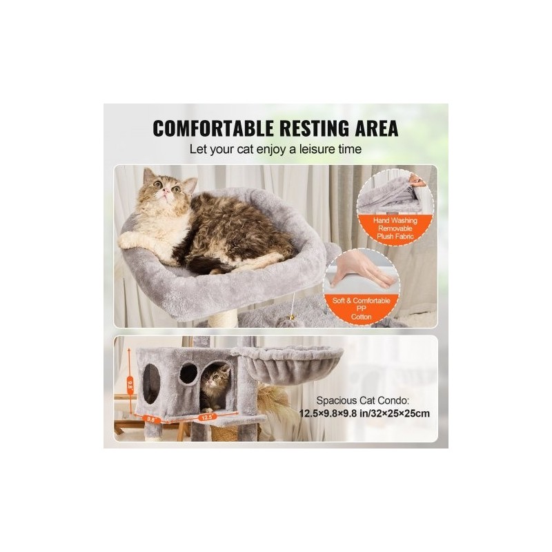 Kissan kiipeilypuu 114,8 senttimetriä 5 tasoa sisal-raapimapylväät riippukori piilopesä vaaleanharmaa