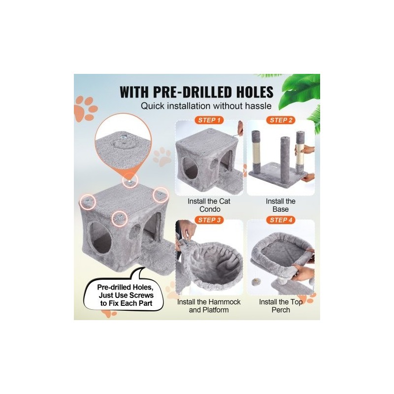 Kissan kiipeilypuu 114,8 senttimetriä 5 tasoa sisal-raapimapylväät riippukori piilopesä vaaleanharmaa